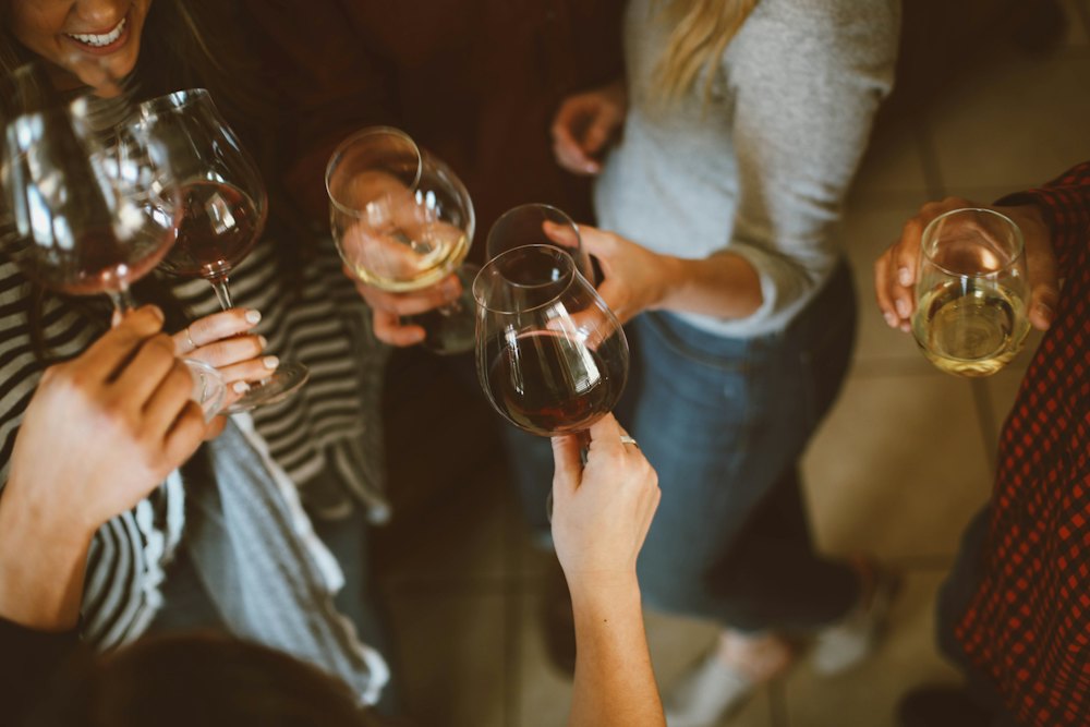 Grupo de amigos brindando con copas de vino